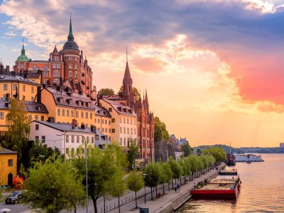 Stockholm, Sweden. Scenic summer sunset view with colorful sky of the Old Town architecture in Sodermalm district.